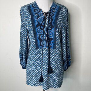 Figue Women's Blue Geometric Print Silk Tassel Long Sleeve Blouse Size Medium